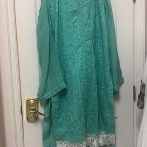 Green chicken Kari suit with lace. Pants included